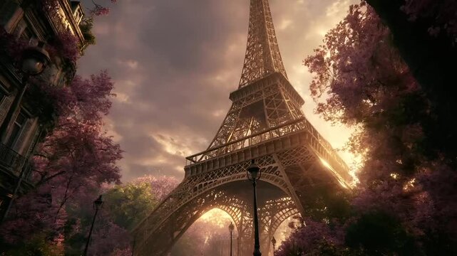 Paris, France, Europe. A vivid portrayal of the Eiffel Tower in Paris, France, bathed in the warm glow of the setting sun. The eiffel tower stands majestically in the center of the frame.