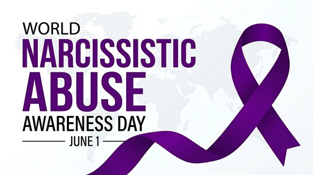 Narcissistic Abuse Awareness Day ribbon and text on white background. Purple awareness symbol for psychological abuse and mental health support on...