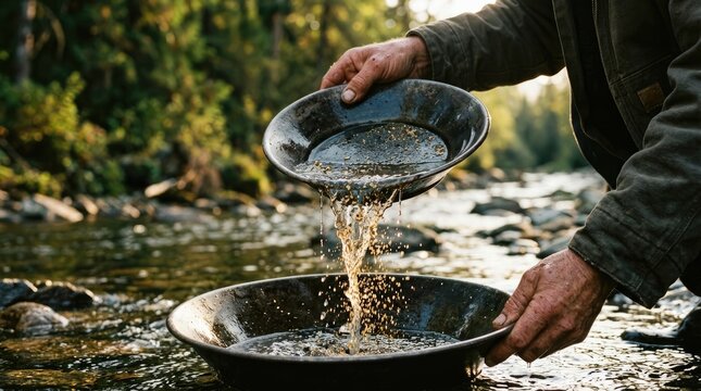 A gold prospector washing gravel in a river using a black metal pan, with water splashing as the sediment is filtered in the mountain stream