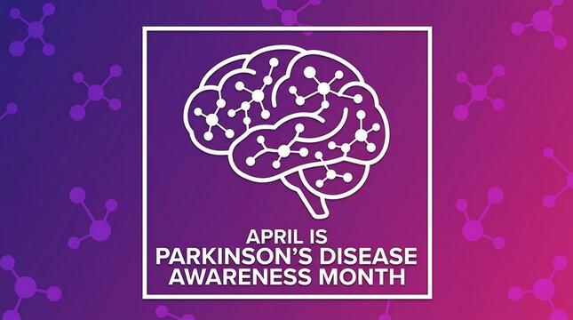 April Parkinson's Disease Awareness Month poster with brain illustration. Medical health campaign graphic for neurological disorder education and s...