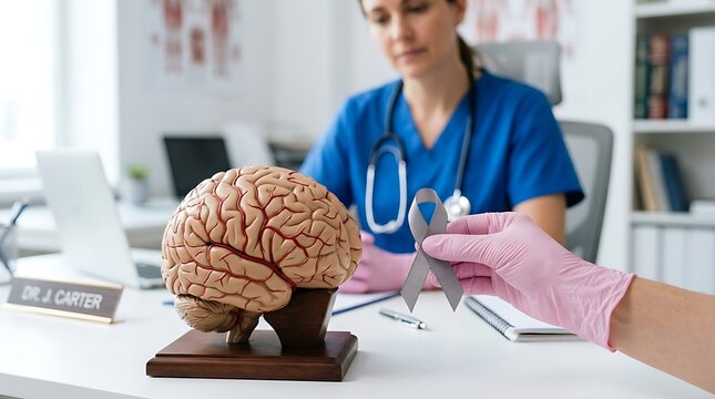 Female doctor examining a human brain model in clinic. Medical professional analyzing neurological anatomy for patient education and research.