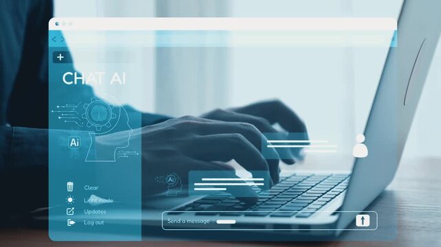 A hands-on approach to technology, showcasing a person typing on a laptop with an interactive chat AI interface in a modern workspace, emphasizing digital communication. Qubit