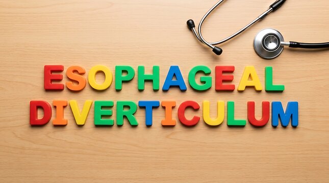 Esophageal diverticulum medical concept with colorful letter blocks. Gastrointestinal disorder diagnosis spelled on wooden surface for health educa...