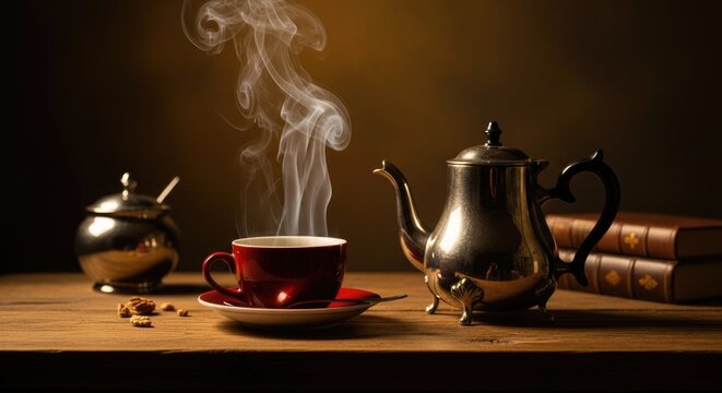 Steaming hot cup of tea with a vintage silver teapot and sugar bowl on a rustic wooden table beside old leather bound books in dim lighting