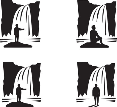 Black silhouette icons of a man standing and sitting by a waterfall