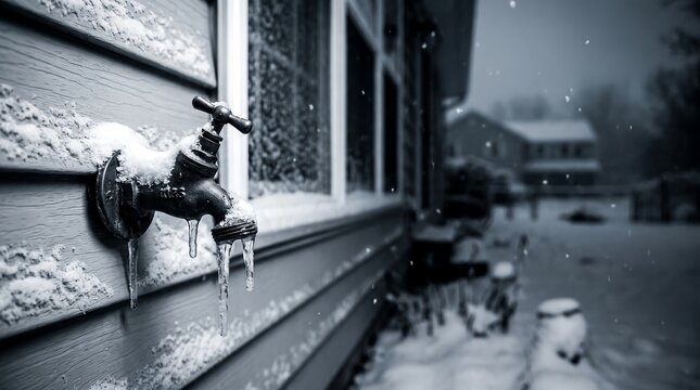 Frozen outdoor water faucet on house wall featuring hanging icicles, snow accumulation and frost buildup, representing winter freezing damage risk and home maintenance challenges