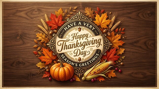 Rustic autumn background with happy thanksgiving day lettering surrounded by colorful fall leaves pumpkin and corn for happy halloween celebrations