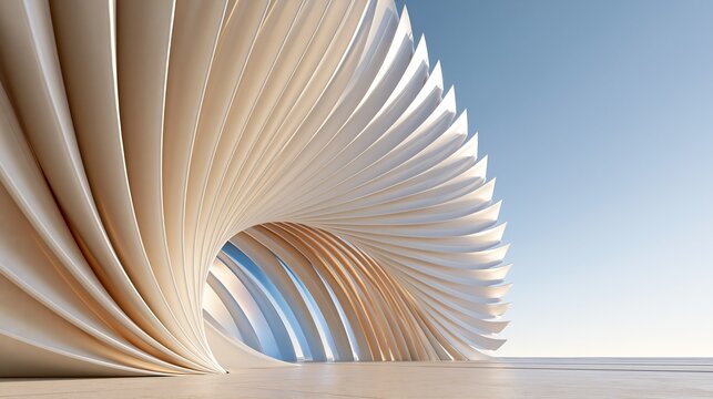 Abstract Parametric Architecture With Spiraling White Curves Against A Clear Blue Sunny Sky Background