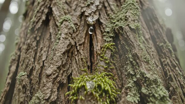 Close up of moss and lichen growing on old tree bark texture