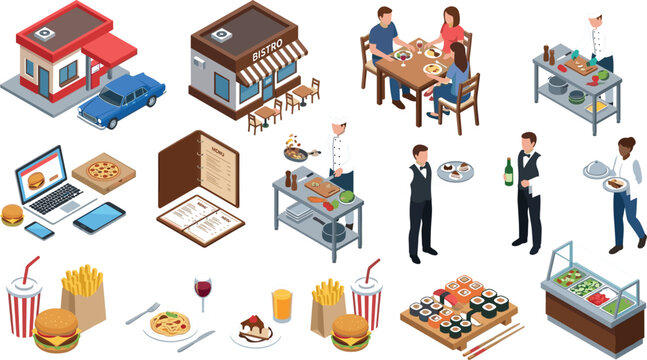 Isometric restaurant and bistro icon set with chefs cooking waiters serving food customers dining menu online delivery