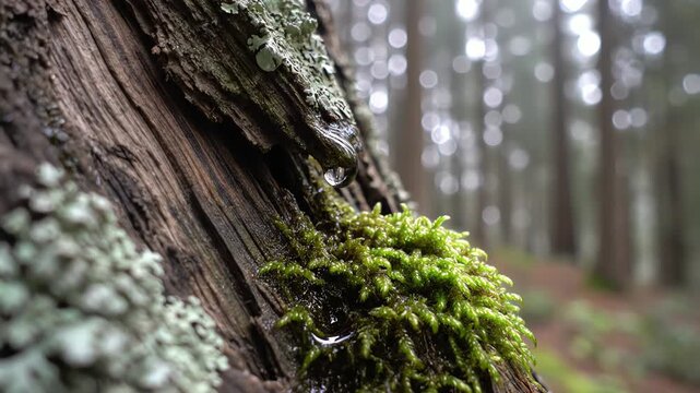 Green moss and lichen on tree bark in forest
