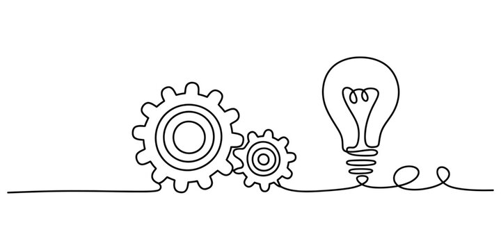 Continuous single line drawing of two connected mechanical gears and a glowing light bulb representing creative innovation and technical engineering process Vector, illustration