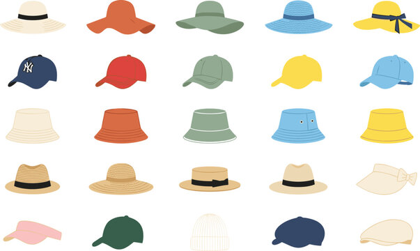 Family and coSummer headwear and hat icon set featuring baseball caps sun hats straw 