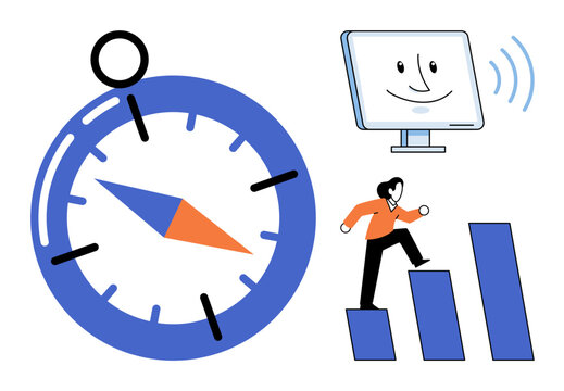 Compass navigation with a person climbing growth charts and a digital monitor vector illustration. Career development, business strategy, digital communication, goal setting, success, planning