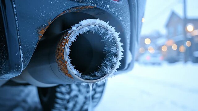 car exhaust pipe in winter snow