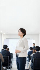 Obraz premium 研修会場で参加者へ発表する日本人女性社員