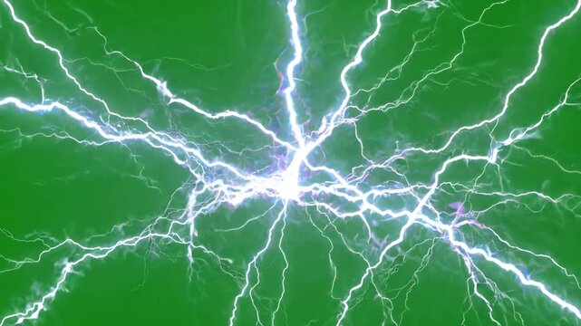 Powerful electric lightning strikes and flashing plasma energy bolts dancing across a bright chroma key green screen background
