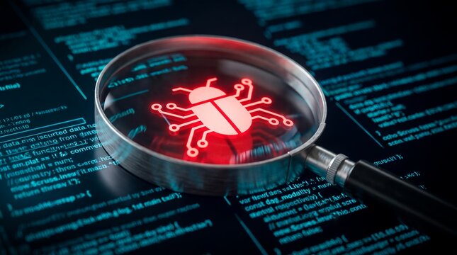 Glowing red computer bug icon with magnifying glass showing software vulnerabilities, program malware and code errors, representing cybersecurity analysis and system debugging