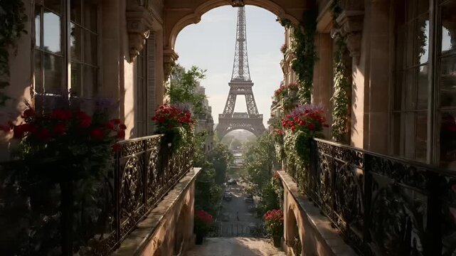 Paris, France, Europe. A vivid portrayal of the Eiffel Tower in Paris, France, captured from a balcony. The balcony features ornate wrought iron railings adorned with vibrant red and purple flowers.