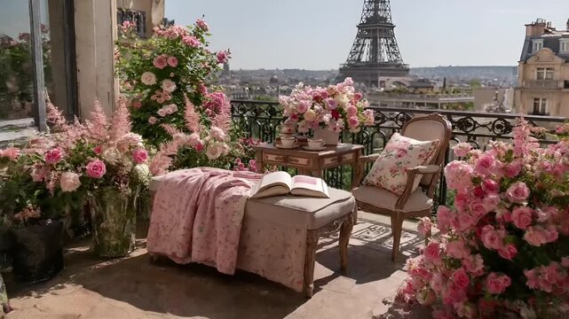 Paris, France, Europe. A vivid portrayal of a balcony overlooking the Eiffel Tower in Paris, France. The balcony is adorned with lush greenery and vibrant pink and white roses.