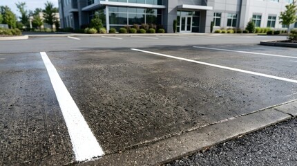 Obraz premium Empty parking lot with marked asphalt spaces in front of modern commercial office building on sunny day with clear blue sky.