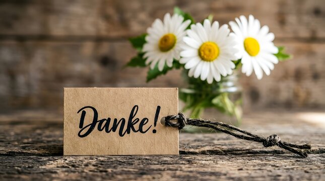 A rustic wooden tag with the german word danke and beautiful white daisies for a happy halloween greeting card background design