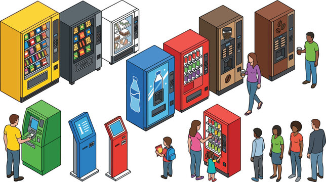 vending machine and self service kiosk vector set with people buying snacks drinks hot coffee and using atm terminals