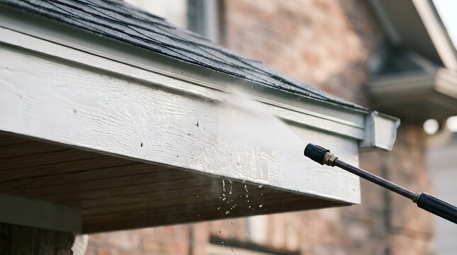 Manual exterior house soffit and trim cleaning using powerful water sprayer tool professional home improvement maintenance work.