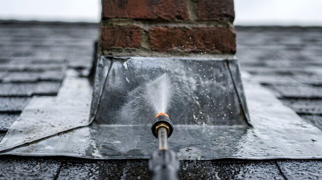 Pressure washing detail on metal chimney roof flashing cleaning dirt off surface with powerful water stream for home maintenance.
