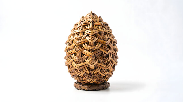Intricate woven bamboo dragon egg sculpture isolated on white background