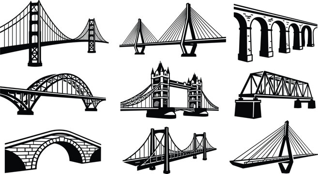 Black and white bridge vector icon set featuring famous architectural structures suspension cable stayed arch truss viaduct and stone bridges
