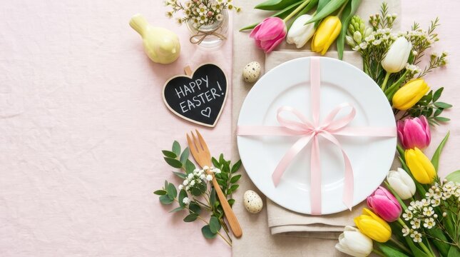 Easter table setting with a white plate tied with a pink ribbon, surrounded by colorful tulips, eucalyptus, and a heart shaped happy easter sign