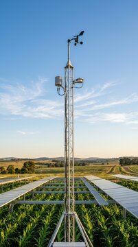 Industrial weather station and anemometer in a solar integrated corn field