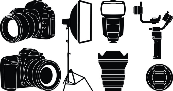 Photography equipment silhouette icons set including dslr camera softbox studio light speedlight flash stabilizer gimbal lens and cap isolated on white background vector illustration