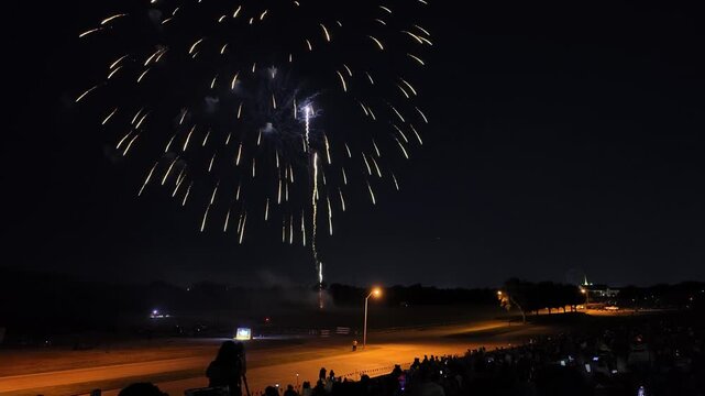 Colorful fireworks exploding over a crowd at night