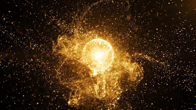 Seamless loop of shimmering golden particles coalescing into a glowing central orb within a dark sophisticated abstract void with meditative glitter motion