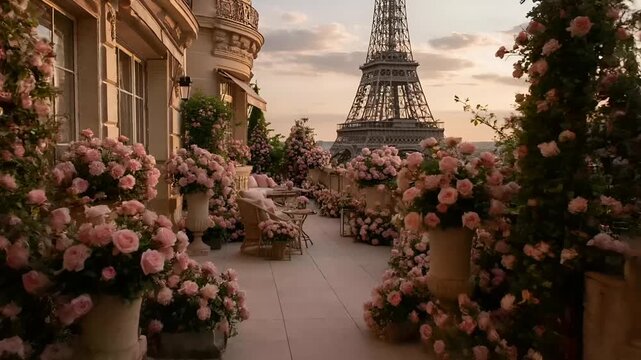Paris, France, Europe. A vivid portrayal of a luxurious balcony overlooking the Eiffel Tower in Paris, France. The balcony is adorned with lush pink roses, creating a romantic ambiance.