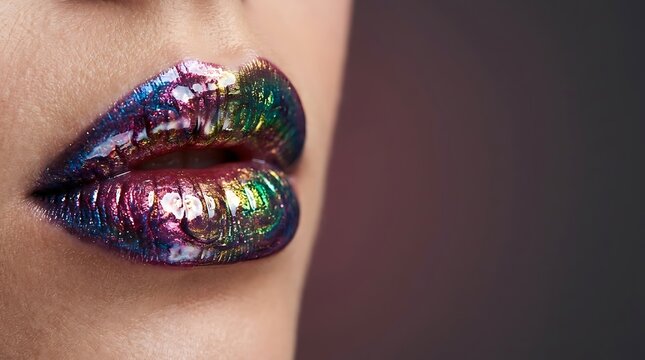 Close up of female lips with iridescent metallic rainbow makeup