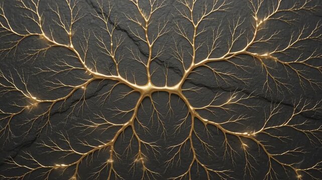 Seamlessly looping motion of intricate abstract gold veins growing and spreading organically across a dark textured surface as a modern website background