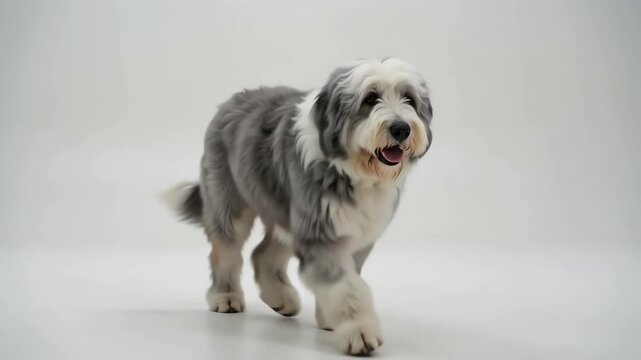 Shaggy old English sheepdog with grey and white fur trotting gently forward on a seamless loop isolated against a clean white background