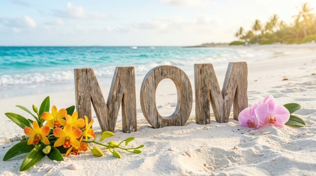 Large wooden letters spelling mom on a sandy beach with turquoise ocean waves and a bouquet of yellow orchids and pink flowers in the corner