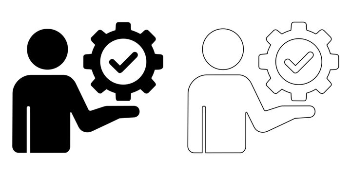 Person holding a gear icon with a check mark, representing technical support, maintenance, or process optimization editable stroke