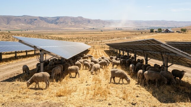 Sheep grazing in arid pasture under industrial solar energy farm arrays