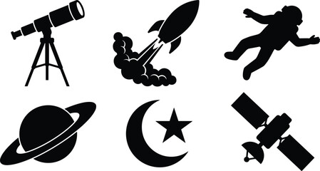 Space exploration vector icon set featuring black solid silhouette rocket launch astronaut telescope satellite planet saturn crescent moon and star signs (21 words) © MAHIYA AKTER
