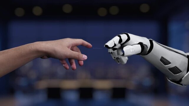 A striking representation of a robot hand and a human hand interacting with a digital graph displaying cost percentage, symbolizing collaboration and technological advancement. Synapse