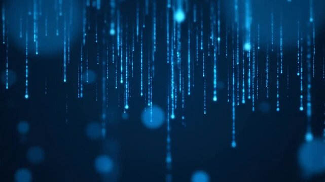 Abstract blue digital bokeh and vertical light streams.