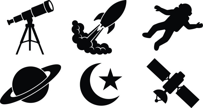 Space exploration vector icon set featuring black solid silhouette rocket launch astronaut telescope satellite planet saturn crescent moon and star signs (21 words)
