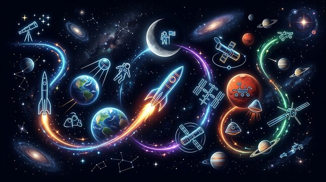 Neon glowing space exploration path with planets and rockets