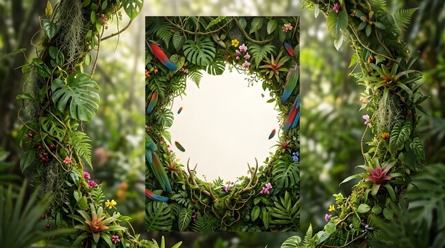 Tropical jungle frame with colorful parrots and deer antlers