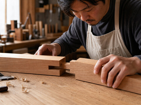 Craftsman fitting traditional Japanese wood joinery on a workbench in a sunlit carpentry workshop, 陽の差す木工房の作業台で日本の伝統的な継手を組み合わせる職人